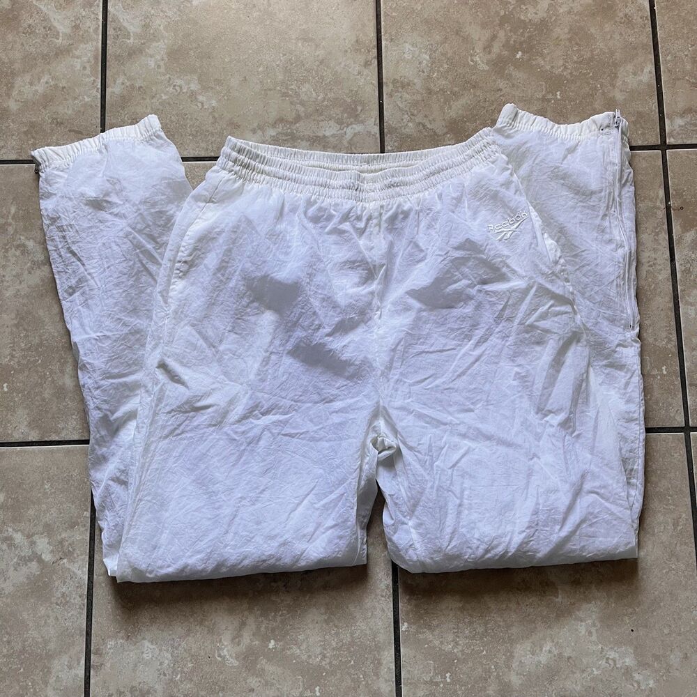 Vintage Reebok Pants M White Nylon Ankle Zip Elastic Windbreaker Joggers 90s